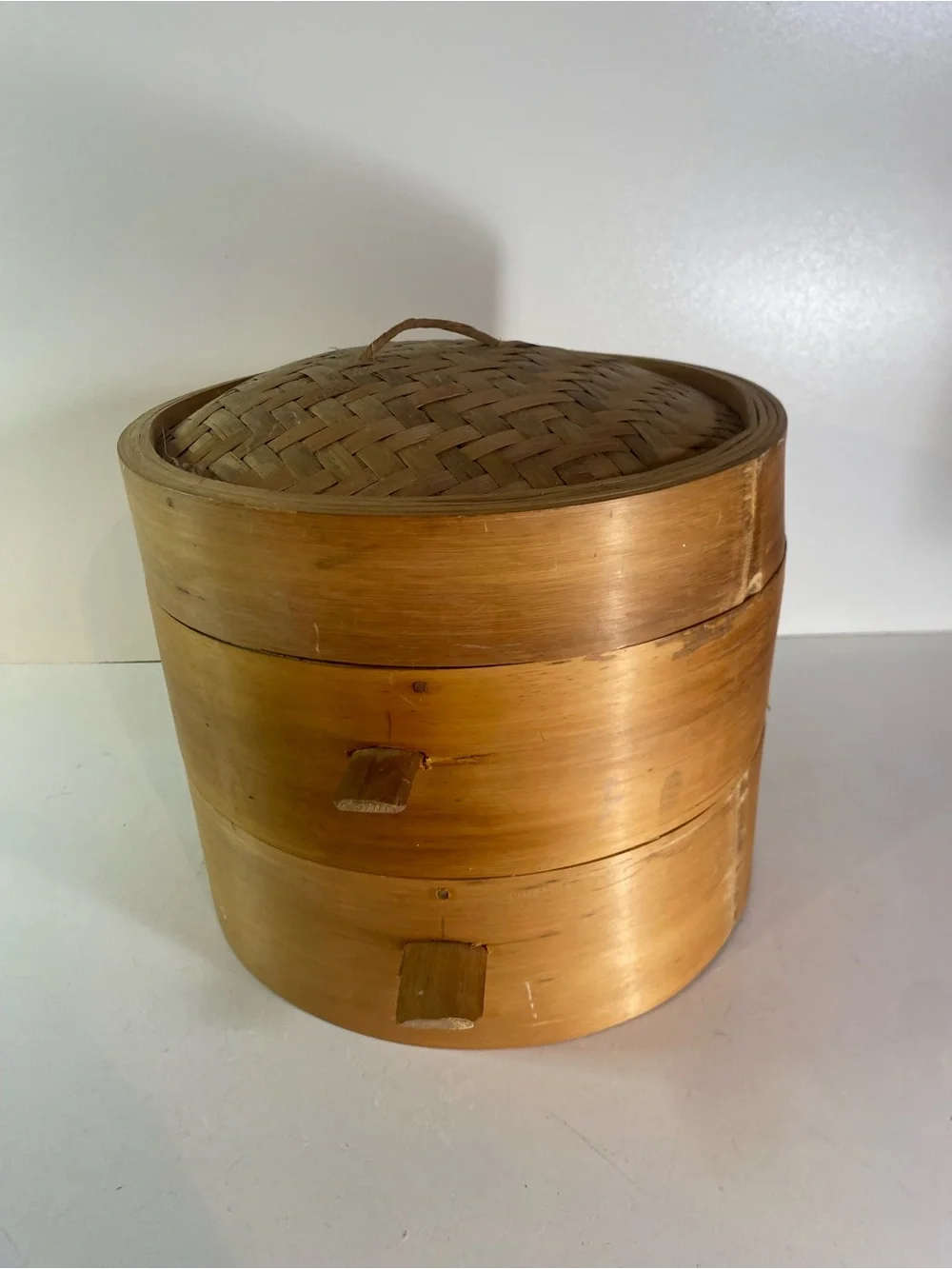 Vintage Covered 2-Tier Bamboo Steamer Basket With Handles 9” Diameter